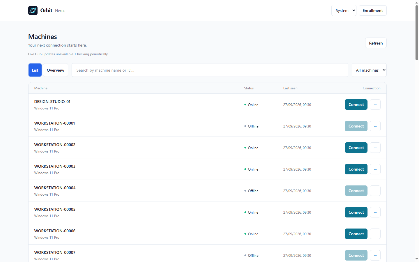 Orbit machine list with search, online and offline status, and connection controls